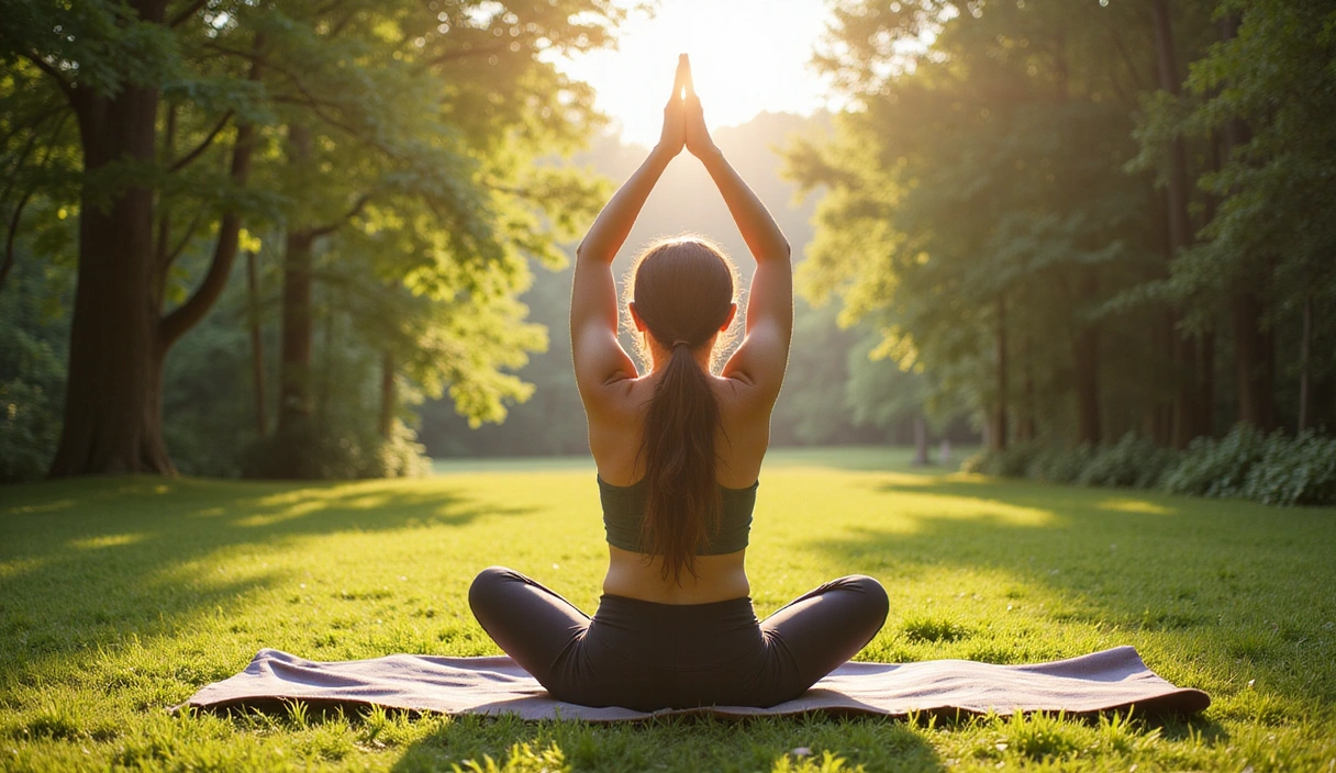 Imagine cu o persoană făcând yoga în natură, simbolizând echilibrul și mișcarea