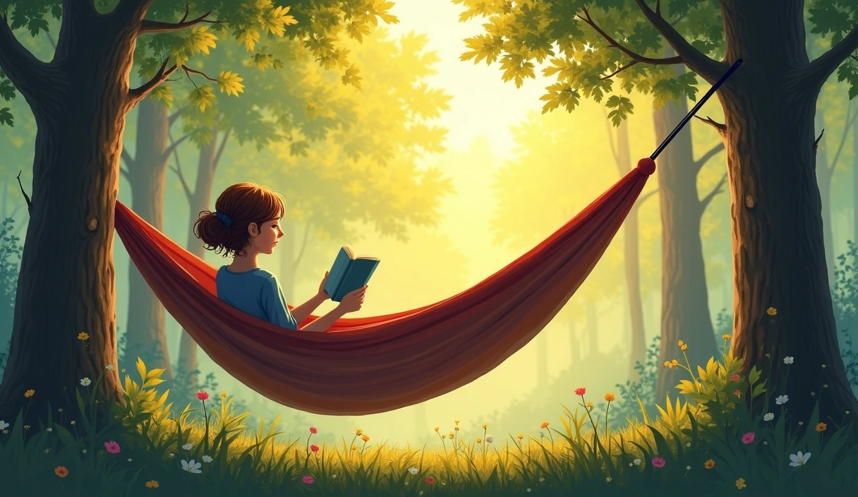 O persoană citind o carte într-un hamac, într-o pădure luminoasă, simbolizând relaxarea și învățarea.