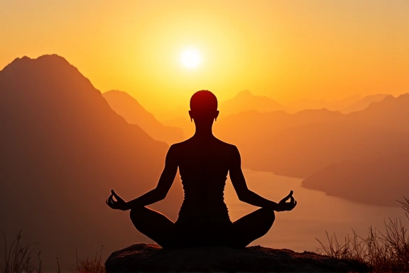 O persoană practicând yoga la răsăritul soarelui, cu silueta vizibilă pe fundalul unui peisaj montan.