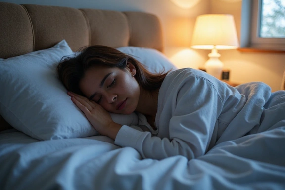 O persoană dormind liniștit pe un pat confortabil, cu lumină moale filtrând prin fereastră, sugerând somn odihnitor.