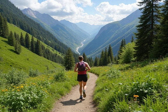O persoană alergând pe o potecă de munte, cu o natură luxuriantă în fundal.
