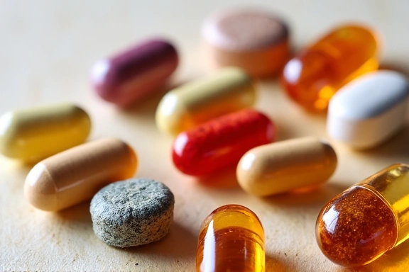 Un amestec colorat de suplimente vitaminice și minerale în capsule și tablete, aranjate estetic.