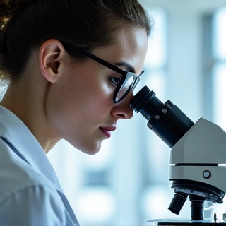 Expert în Cercetare și Dezvoltare, un om cu ochelari privind la un microscop.