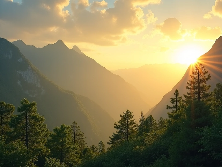 Peisaj natural senin cu răsărit de soare peste munți, sugerând creștere și noi începuturi.