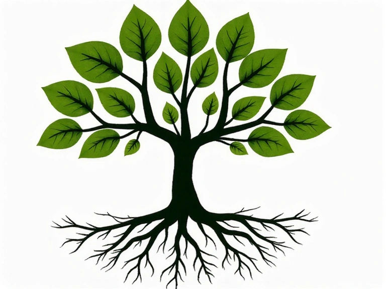 Reprezentare abstractă a elementelor naturale interconectate, cum ar fi rădăcinile sau frunzele formând un model complex, simbolizând integritatea și procesele naturale.