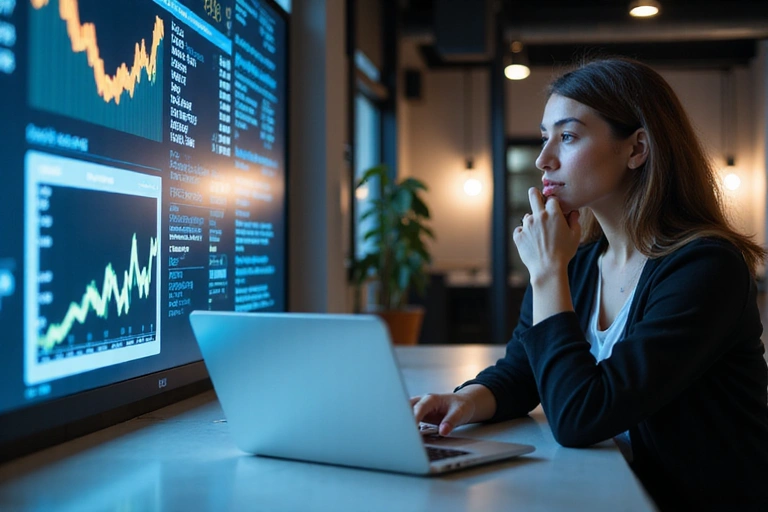 Femeie care utilizează un laptop, în fundal grafice de analiză a datelor