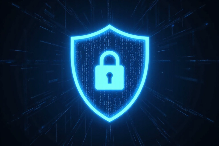 Simbol de securitate cibernetică, scut cu încuietoare digitală